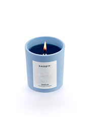 Signature blue candle in the same sky blue ceramic jar, inspired by Scandinavian skies, in the scent Kassett - a blend of fruits, foliage & flowers from Amoln, makers of Sweden's royal candles.