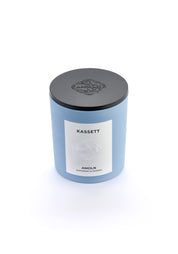 Signature blue candle in the same sky blue ceramic jar, inspired by Scandinavian skies, in the scent Kassett - a blend of fruits, foliage & flowers from Amoln, makers of Sweden's royal candles.