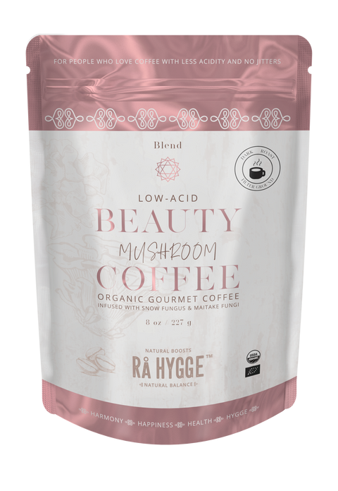 Organic filter ground beauty  coffee with low acid and adaptogenic tremella fungus and maitake mushroom from Rå Hygge