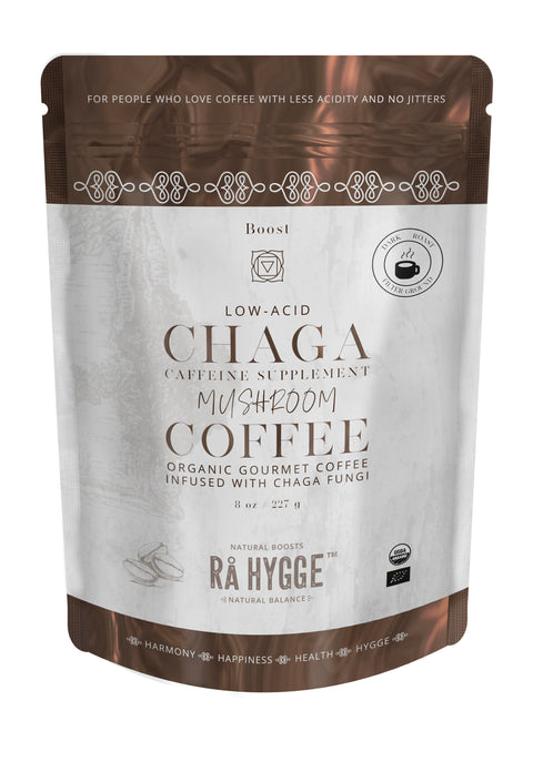 Organic filter ground health boosting coffee with low acid and adaptogenic chaga mushroom from Rå Hygge