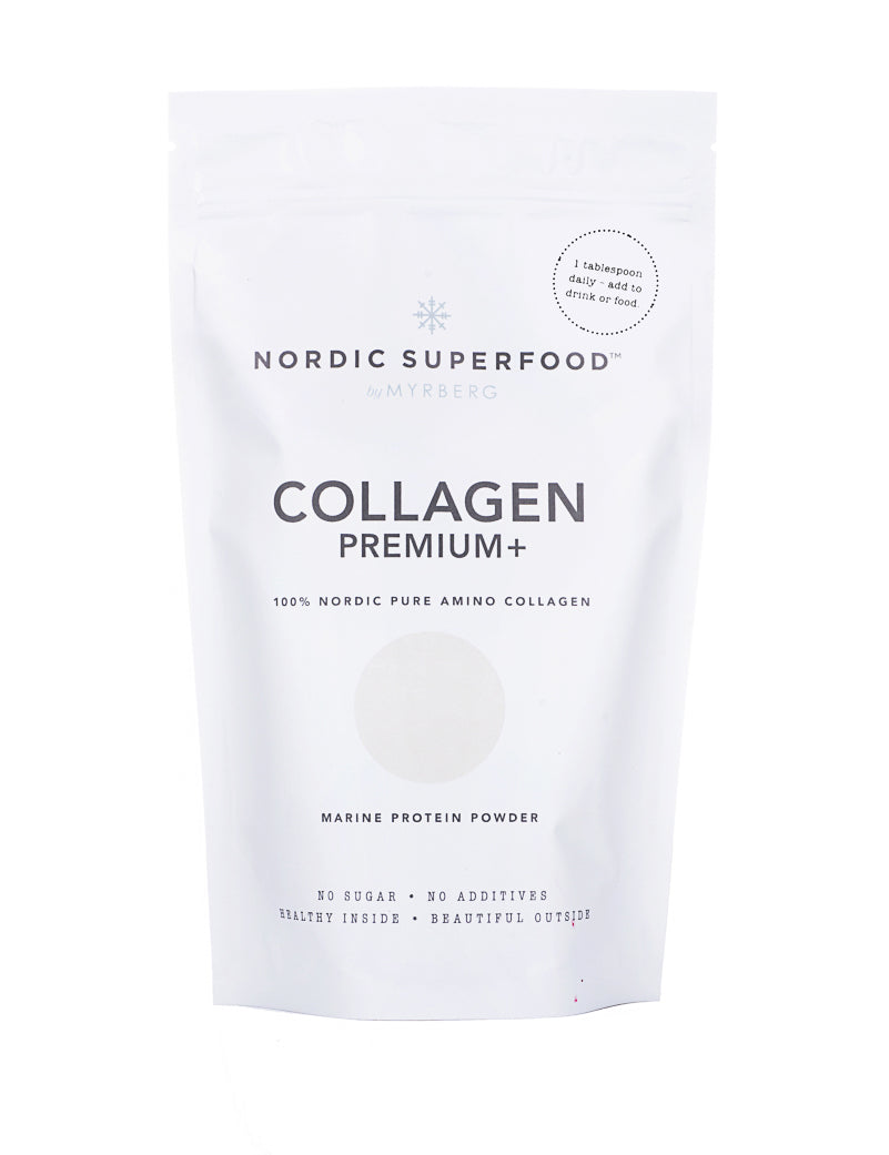 Smart white pouch of marine collagen from wild caught Norwegian cod for healthy skin  & tissues, from the natural source of Nordic Superfoods.