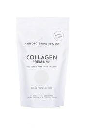 Smart white pouch of marine collagen from wild caught Norwegian cod for healthy skin  & tissues, from the natural source of Nordic Superfoods.