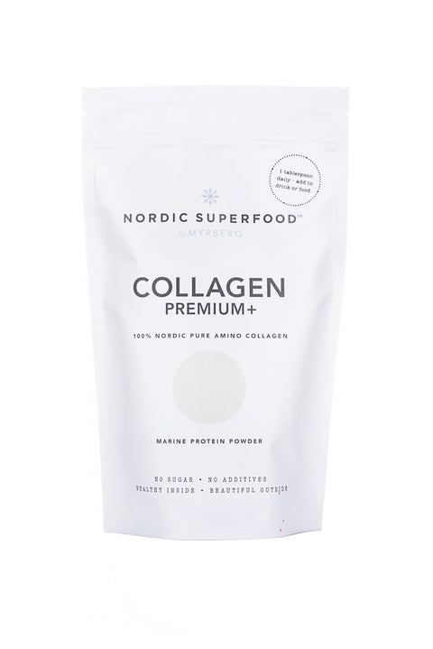 Smart white pouch of marine collagen from wild caught Norwegian cod for healthy skin  & tissues, from the natural source of Nordic Superfoods.