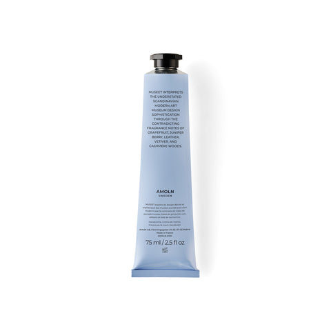 Signature blue hand cream in a luxury sky blue tube, inspired by Scandinavian skies, in the scent Museet - a blend of grapefruit, juniper, leather & violet from Amoln, makers of Sweden's royal candles.