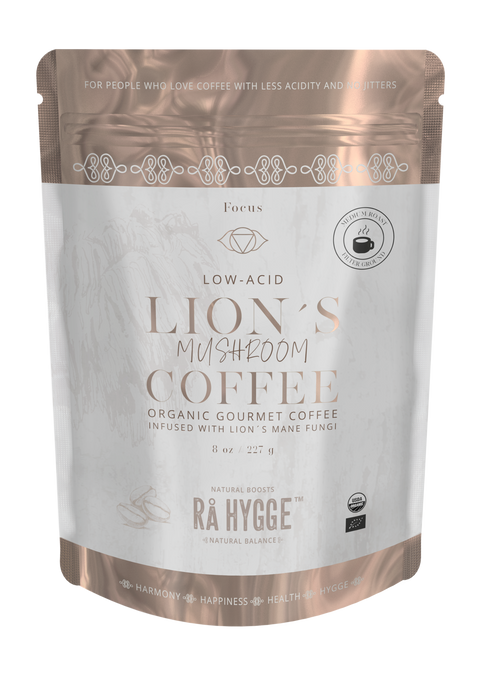 Organic filter ground health boosting coffee with low acid and adaptogenic lion's mane mushroom from Rå Hygge