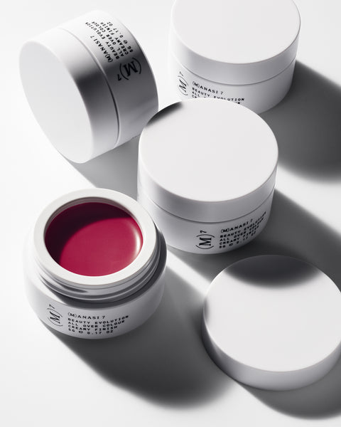 Berry tones of multi use natural and organic lip cheek & eye colour in minimalist white pots from Swedish make up brand Manasi7