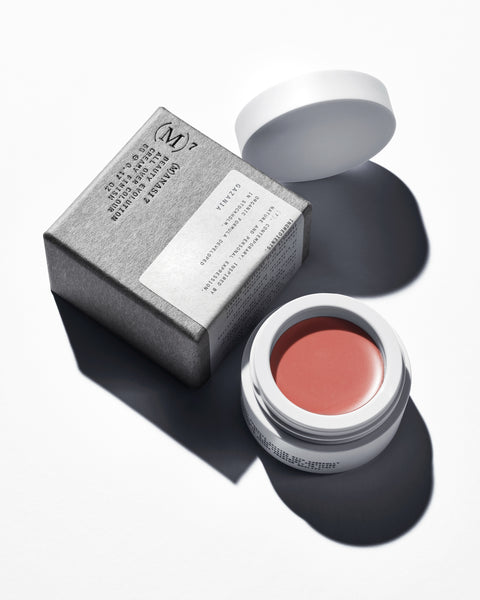 Soft warm neutral tones of multi use natural and organic lip cheek & eye colour in minimalist white pots of sustainable packaging from Swedish make up brand Manasi7