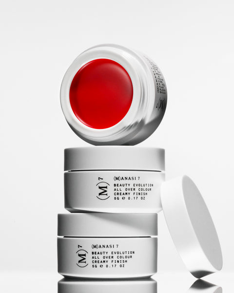 Coral red tones of multi use natural and organic lip cheek & eye colour in minimalist white pots from Swedish make up brand Manasi7 (8505271091505)