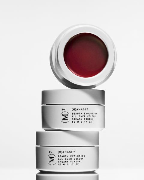Autumn berry tones of multi use natural and organic lip cheek & eye colour for all skin tones in minimalist white pots from Swedish make up brand Manasi7