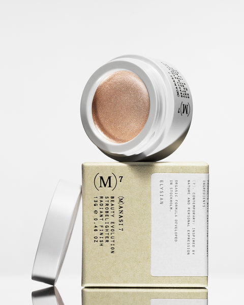 Soft neutral golden tones of multi use natural and organic highlighter for all skins in minimalist white pots from Swedish make up brand Manasi7 
