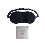 Black linen sleep mask with pockets containing organic lavender flowers or chamomile flowers for aromatherapy benefits. Soopz Paris