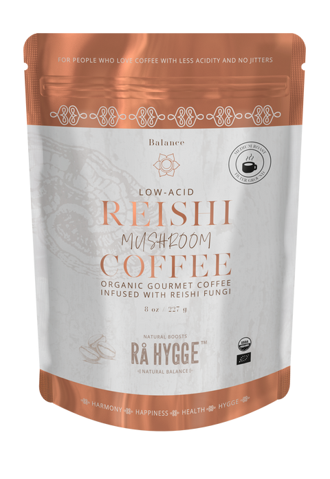 Organic filter ground health boosting coffee with low acid and adaptogenic reishi mushroom from Rå Hygge