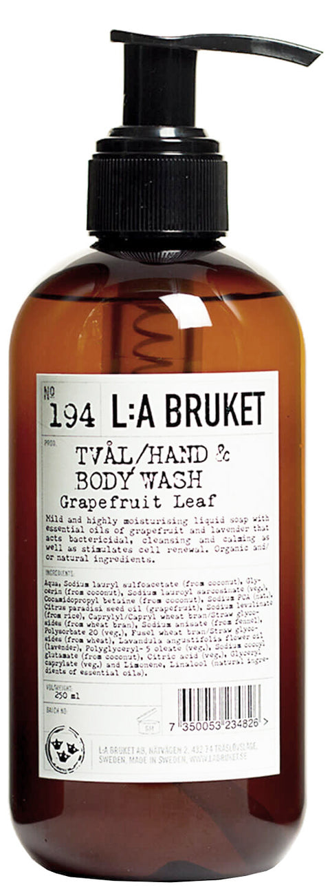 All natural, organic and vegan liquid soap for hand & body in a stylish brown pump bottle from Sweden's West Coast by the best selling L:A Bruket